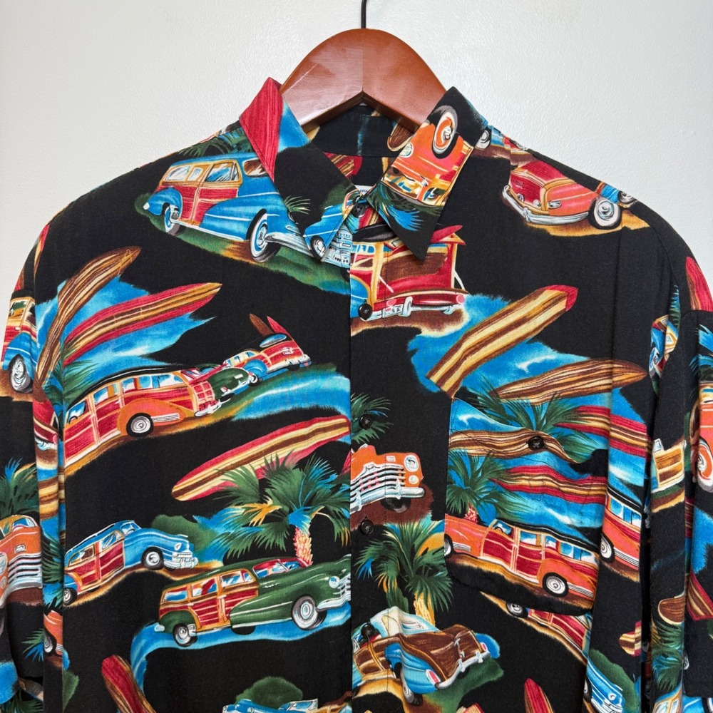 Vintage 90s Hawaiian Shirt XL Rayon Surf Cars Woody Wagons Black Korea